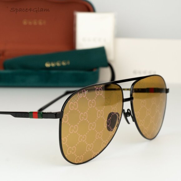 BRAND NEW Gucci GG1677S 005 Black Yellow Mirror Logo Pilot Unisex Sunglasses main image 10